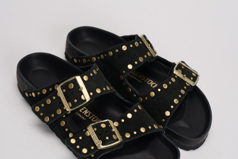 Sandalo donna Arizona nero con borchie oro<BR/> 1027855 BLACK BIRKENSTOCK 