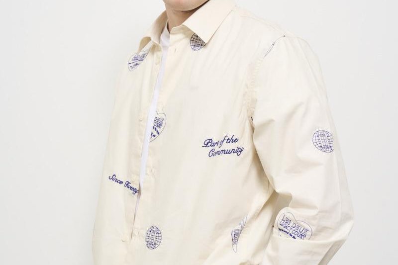 Camicia uomo avorio con ricami blu LDM410216 215477IVORY/BLUPRINT LES DEUX 