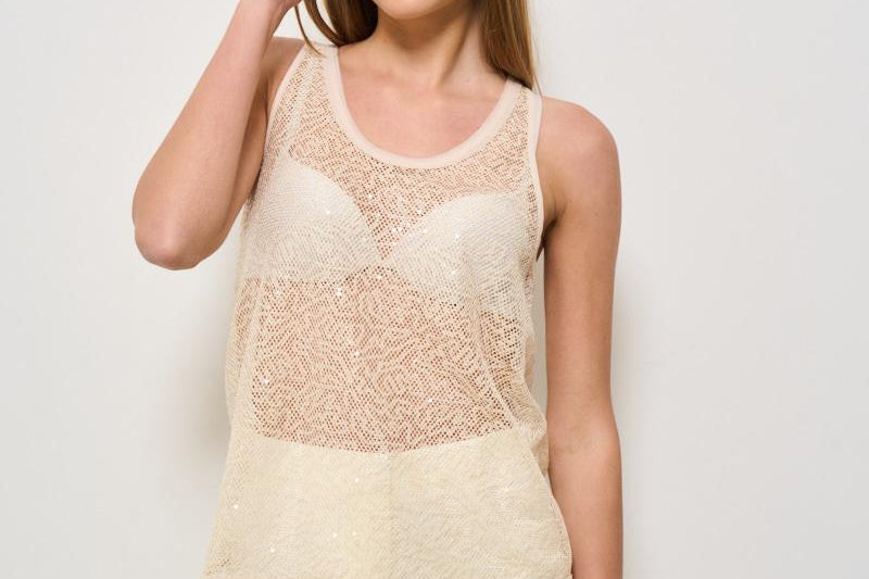 Top donna girocollo paillettes panna 104710 A2EXC03 PINKO 