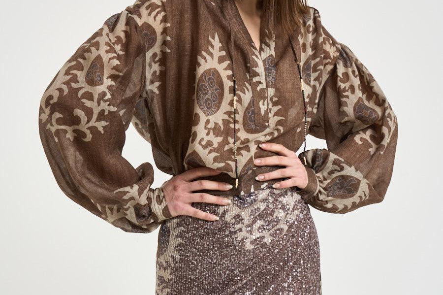 Blusa donna con stampa floreale marrone S1163 116 BAZAR DELUXE 