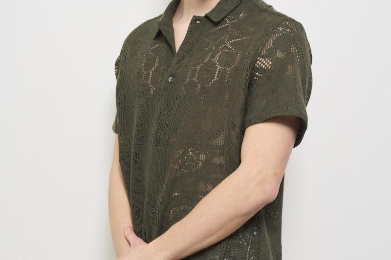 Camicia uomo traforata verde LDM401098 522522OLIV LES DEUX 