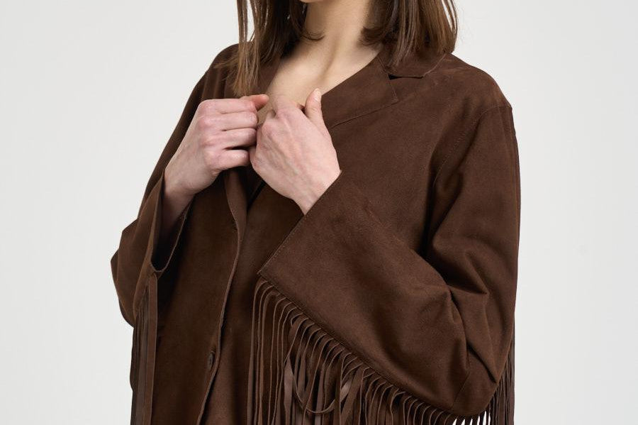 Giacca donna con frange in suede marrone 8730 CAFFE ACCADEMIE TESSILI 