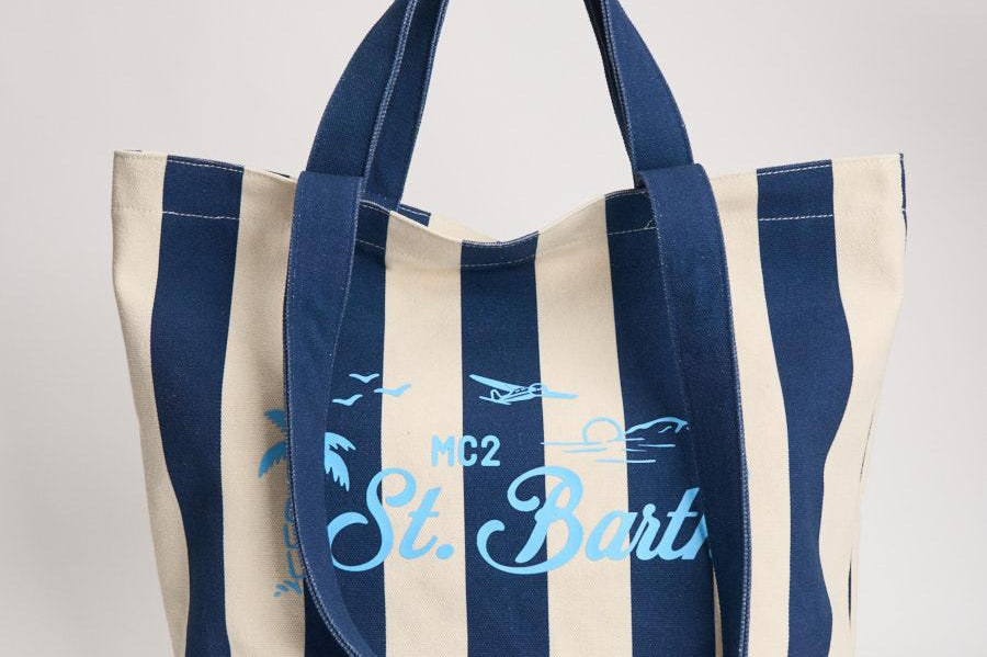 Borsa tote donna in cotone a righe blu STRIPESPOP 61 MC2 SAINT BARTH 