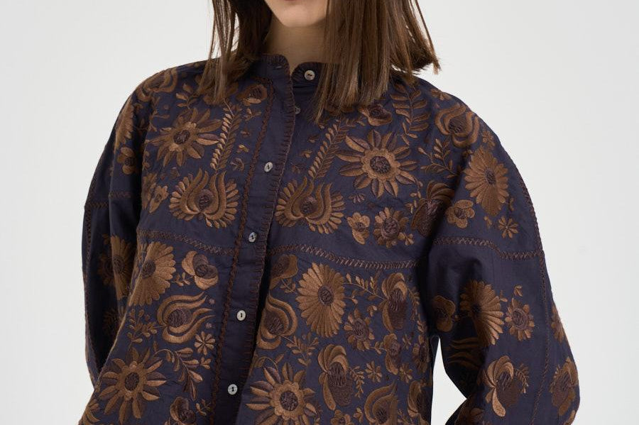 Blusa donna ricamata a mano marrone MATIAS BIGBLOUSENAVY ANTIK BATIK 