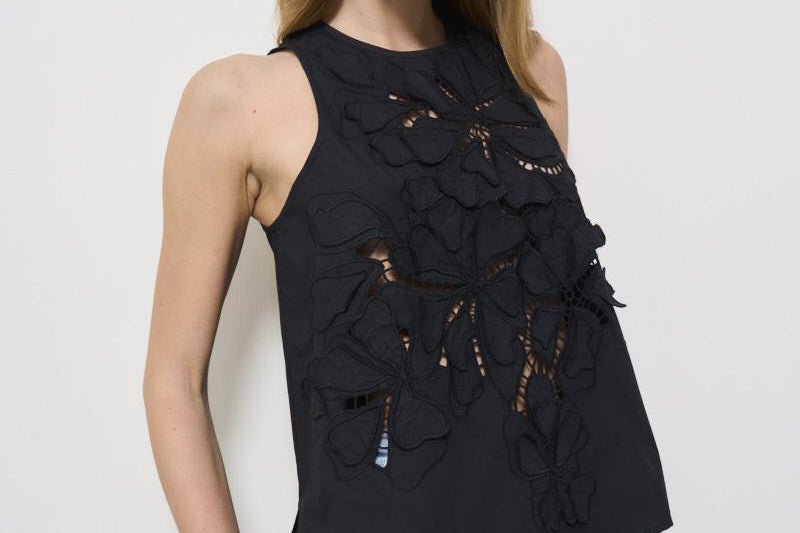 Top donna in popeline nero ricamato 13606 NERO8012 FORTE FORTE 