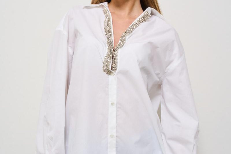 Camicia donna bianca scollo V con strass 104708 A2EUZ04 PINKO 