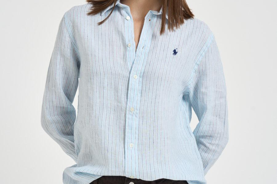 Camicia donna in lino a righe azzurre e bianche 211A96158 003 RALPH LAUREN 