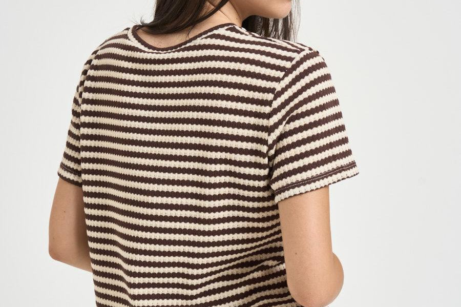 T-shirt donna a righe marrone e panna 12134 MORO/PANNA VITTO 