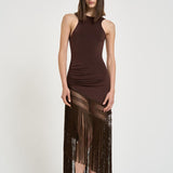 Abito donna lungo con frange marrone TM190159A DARKBROWN THE ANDAMANE 