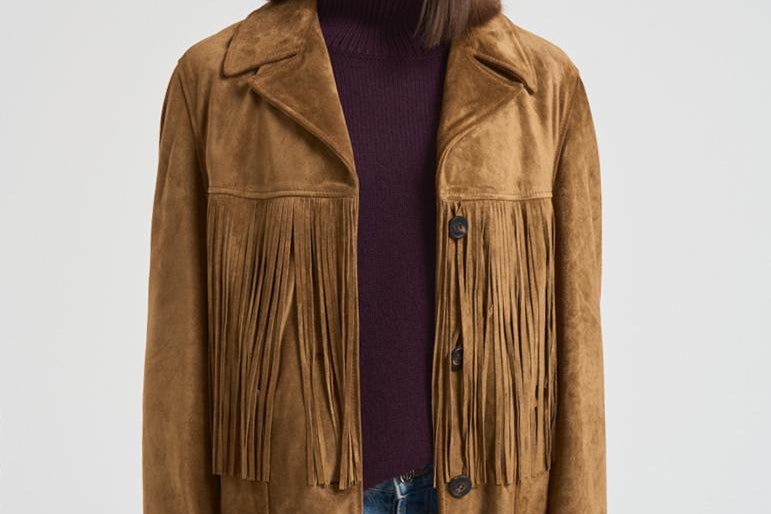 Giubbotto donna in suede cammello con frange GWP02368 P00216055678 GOLDEN GOOSE 