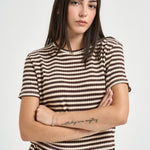T-shirt donna a righe marrone e panna 12134 MORO/PANNA VITTO 