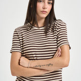 T-shirt donna a righe marrone e panna 12134 MORO/PANNA VITTO 