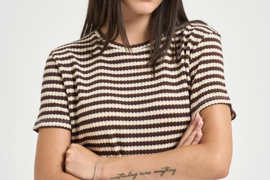 T-shirt donna a righe marrone e panna 12134 MORO/PANNA VITTO 