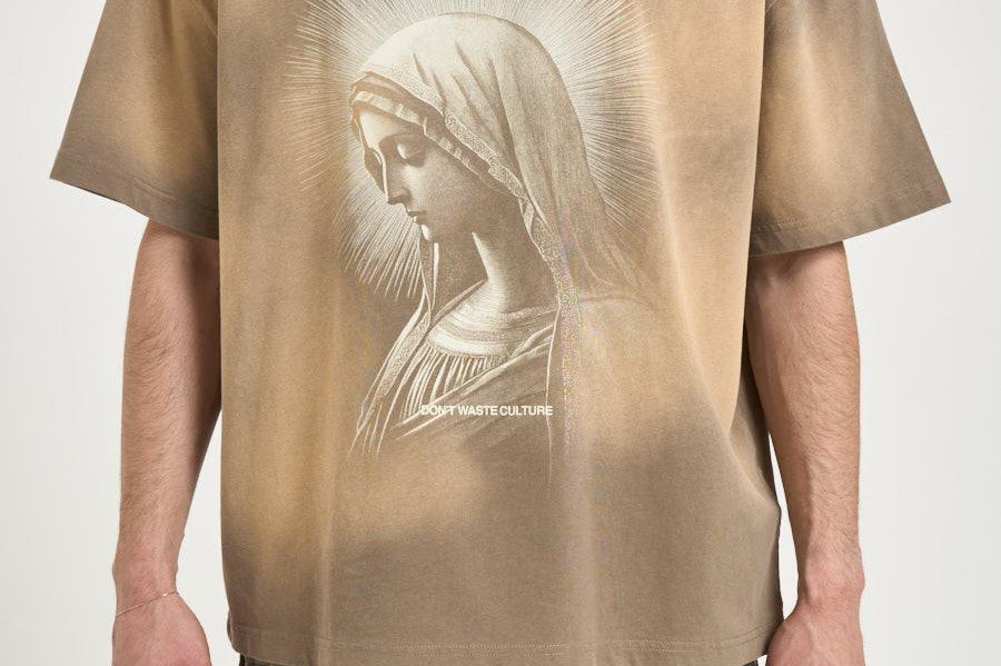 T-shirt uomo beige con grafica DAISHOJI FADEDOLIVE DON'T WASTE CULTURE 
