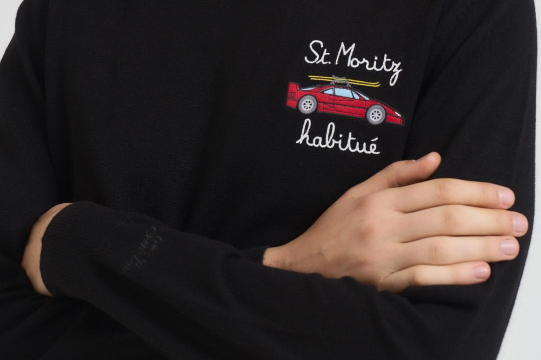 Maglia uomo girocollo con ricamo nera HERON LTEMBRYCARMORITZ00 MC2 SAINT BARTH 