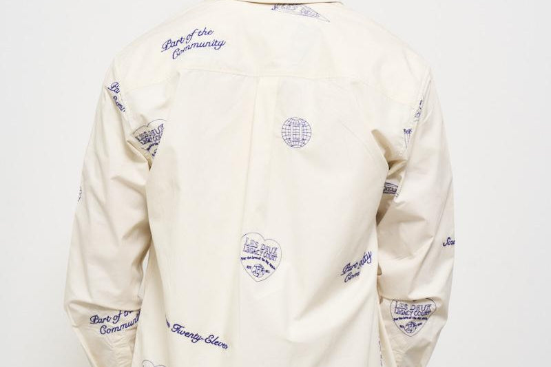 Camicia uomo avorio con ricami blu LDM410216 215477IVORY/BLUPRINT LES DEUX 