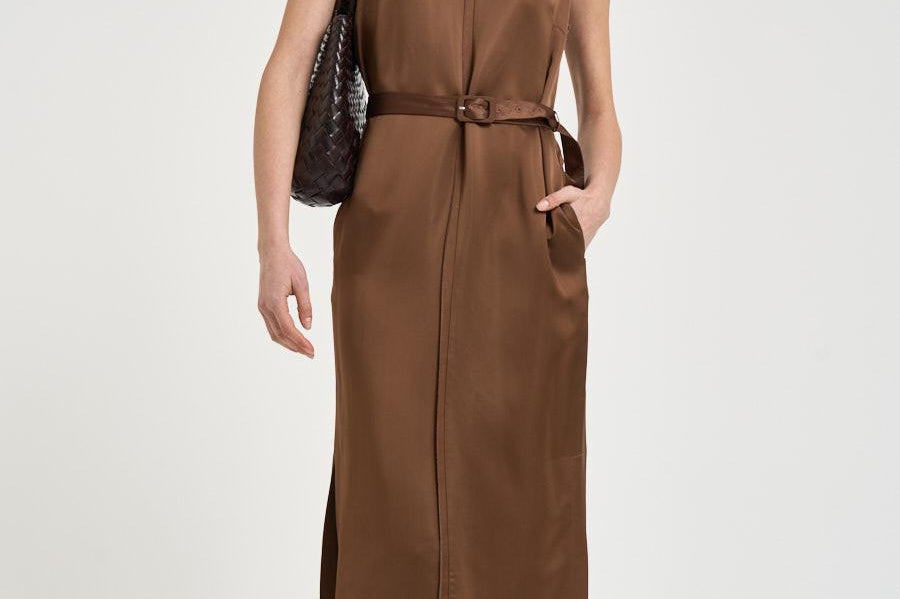 Abito donna midi satinato marrone. 5D1029 L9486611 GLANSHIRT 