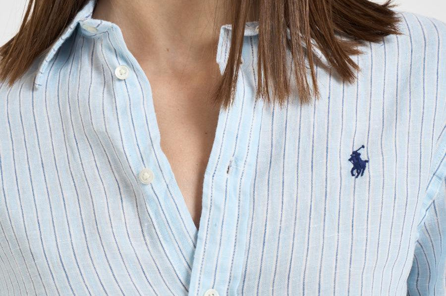 Camicia donna in lino a righe azzurre e bianche 211A96158 003 RALPH LAUREN 