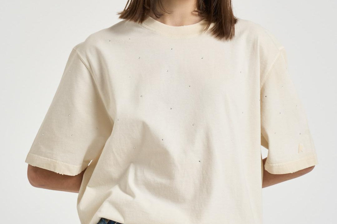 T-shirt donna girocollo avorio con strass GUP01873 P00242111616 GOLDEN GOOSE 