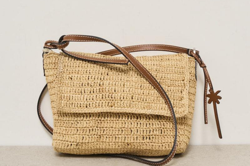 Borsa donna a tracolla in rafia beige V5.2AH NATURAL&BROWN MANEBI' 