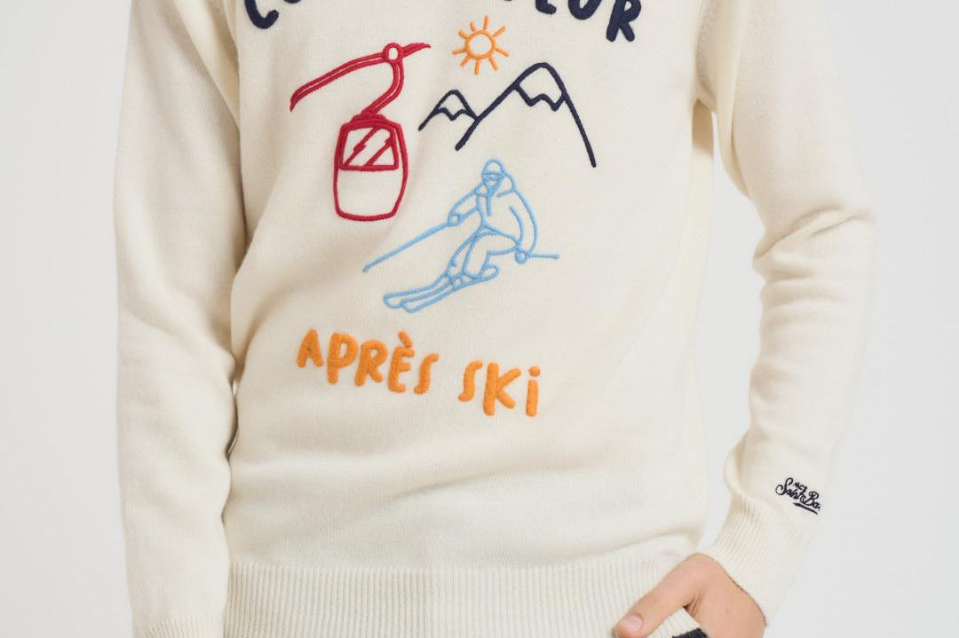 Maglia uomo girocollo con ricamo Courmayeur panna HERON COURMAD10EMB MC2 SAINT BARTH 