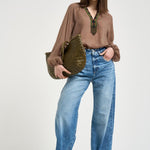 Blusa donna marrone con scollo perline S1194 126 BAZAR DELUXE 
