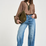 Blusa donna marrone con scollo perline S1194 126 BAZAR DELUXE 