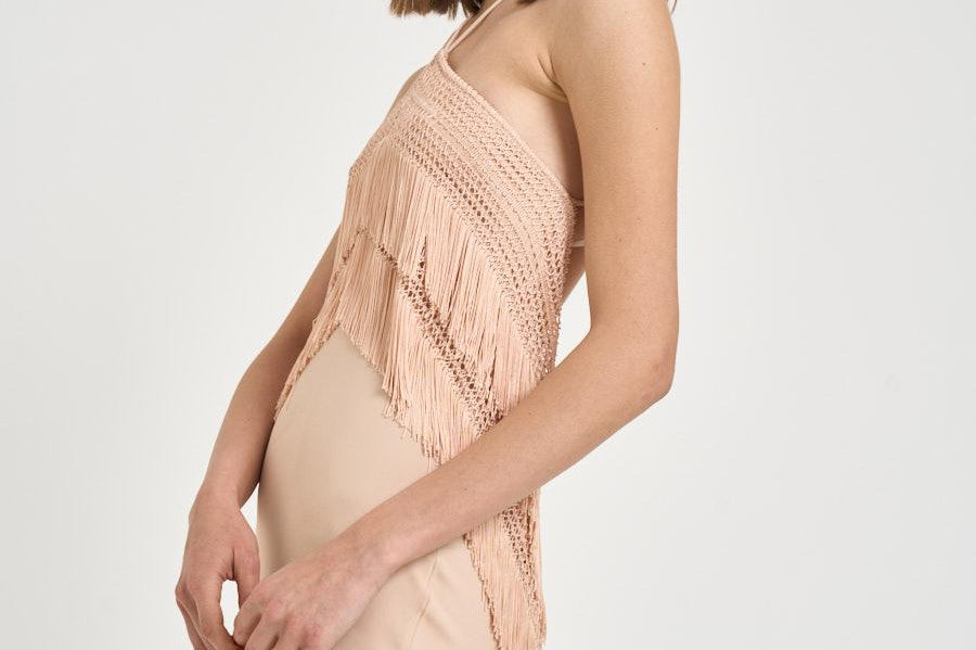 Abito donna lungo cipria macramè e frange TM190163A PEACH THE ANDAMANE 