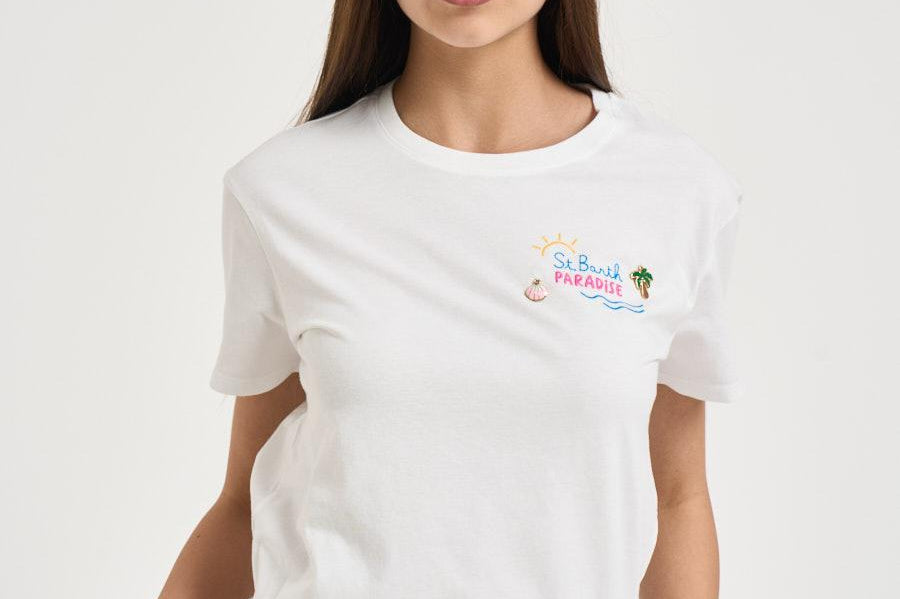 T-shirt donna girocollo bianca con ricamo EMILIE 03646L MC2 SAINT BARTH 