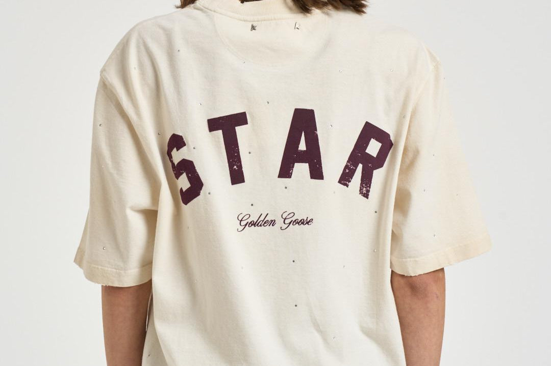 T-shirt donna girocollo avorio con strass GUP01873 P00242111616 GOLDEN GOOSE 