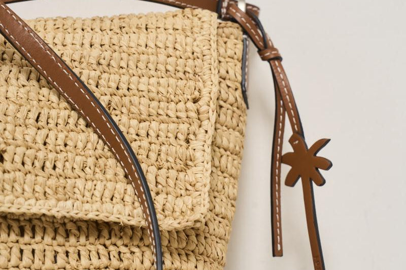 Borsa donna a tracolla in rafia beige V5.2AH NATURAL&BROWN MANEBI' 