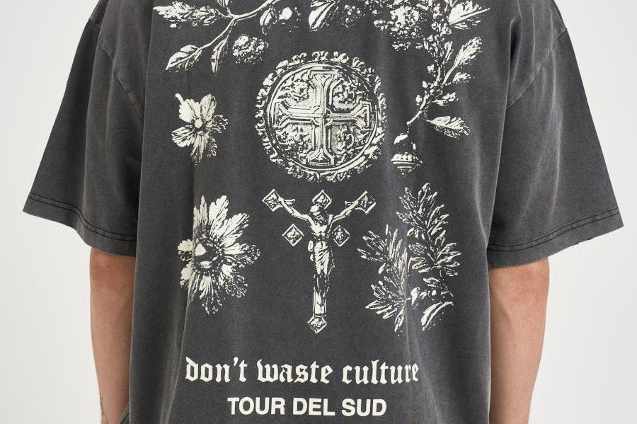 T-shirt uomo grigio antracite con stampa OLIVINNE FADEDBLACK DON'T WASTE CULTURE 