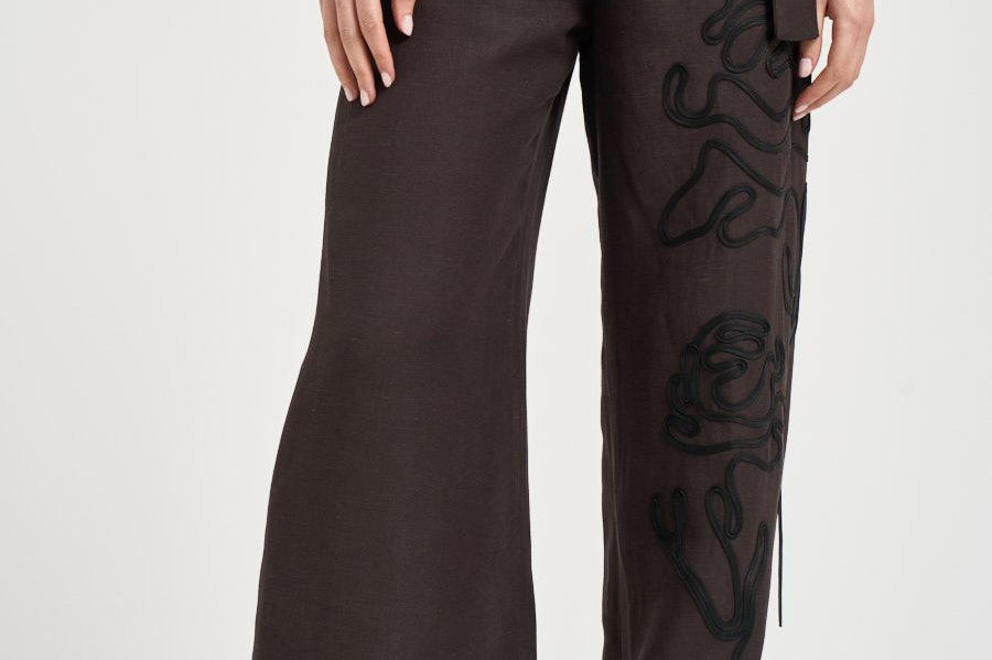 Pantalone donna palazzo marrone con ricami F6SL94 W18 LIVIANA CONTI 