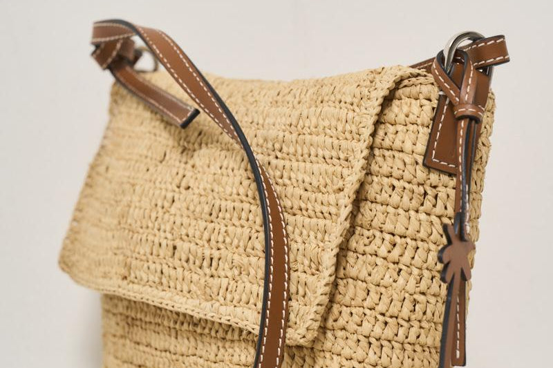 Borsa donna a tracolla in rafia beige V5.2AH NATURAL&BROWN MANEBI' 