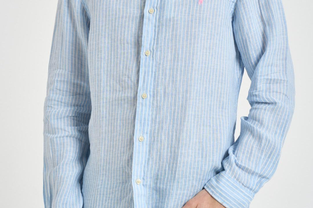 Camicia uomo in lino gessato celeste 710B15647 003 RALPH LAUREN 