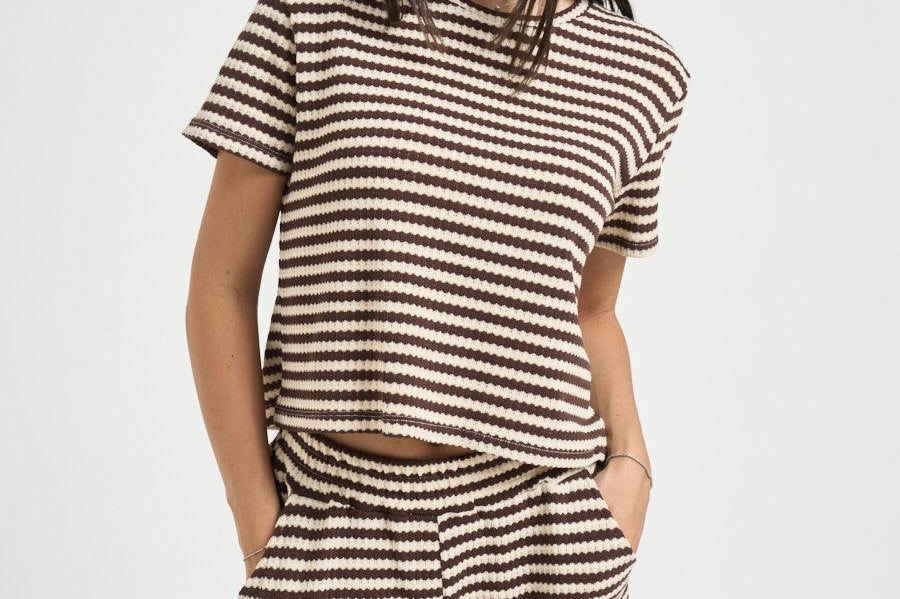 T-shirt donna a righe marrone e panna 12134 MORO/PANNA VITTO 