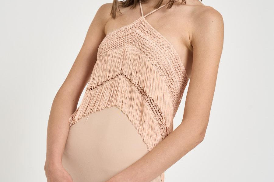 Abito donna lungo cipria macramè e frange TM190163A PEACH THE ANDAMANE 