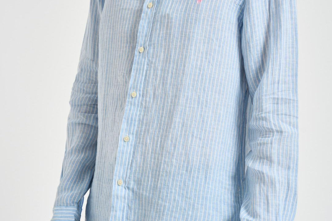 Camicia uomo in lino gessato celeste 710B15647 003 RALPH LAUREN 