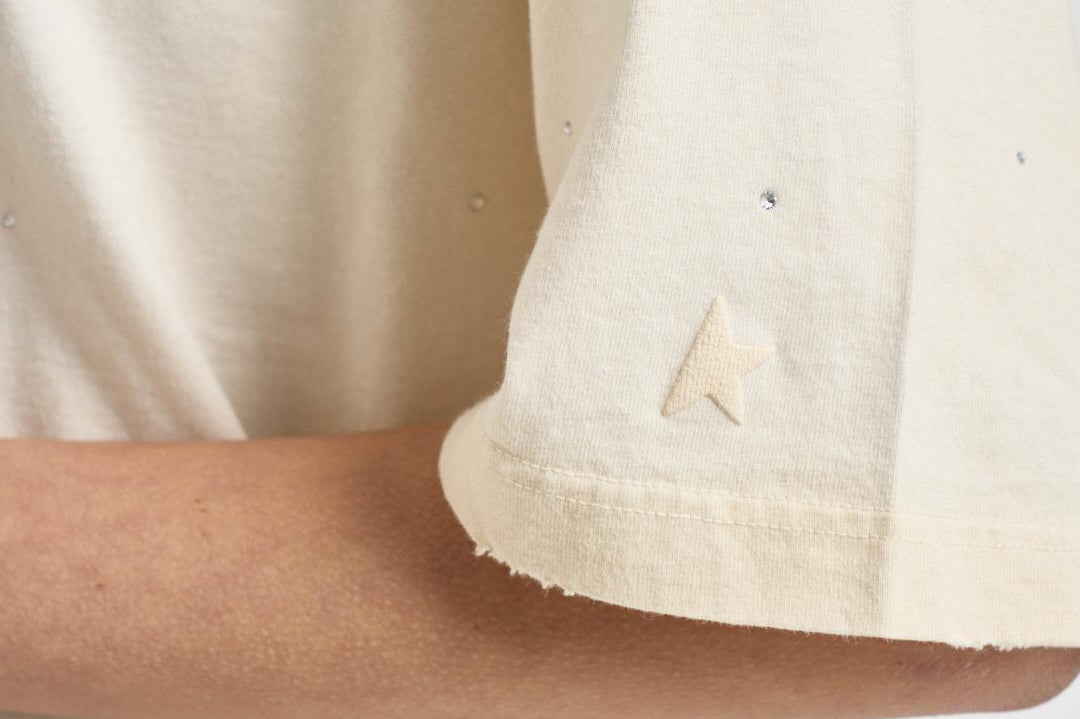 T-shirt donna girocollo avorio con strass GUP01873D P00242111616 GOLDEN GOOSE 