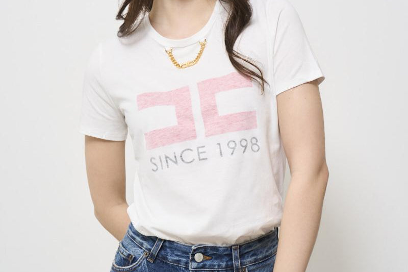 T-shirt donna bianca con logo rosa MA033 270 ELISABETTA FRANCHI 