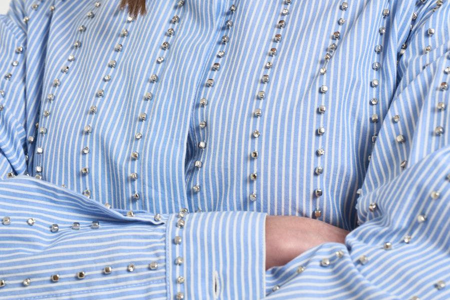 Camicia donna con strass azzurra 106225A32R CARLEYZE5 PINKO 
