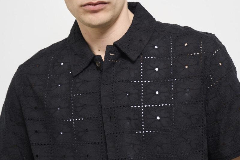 Camicia uomo traforata nera LDM401099 100100BLACK LES DEUX 