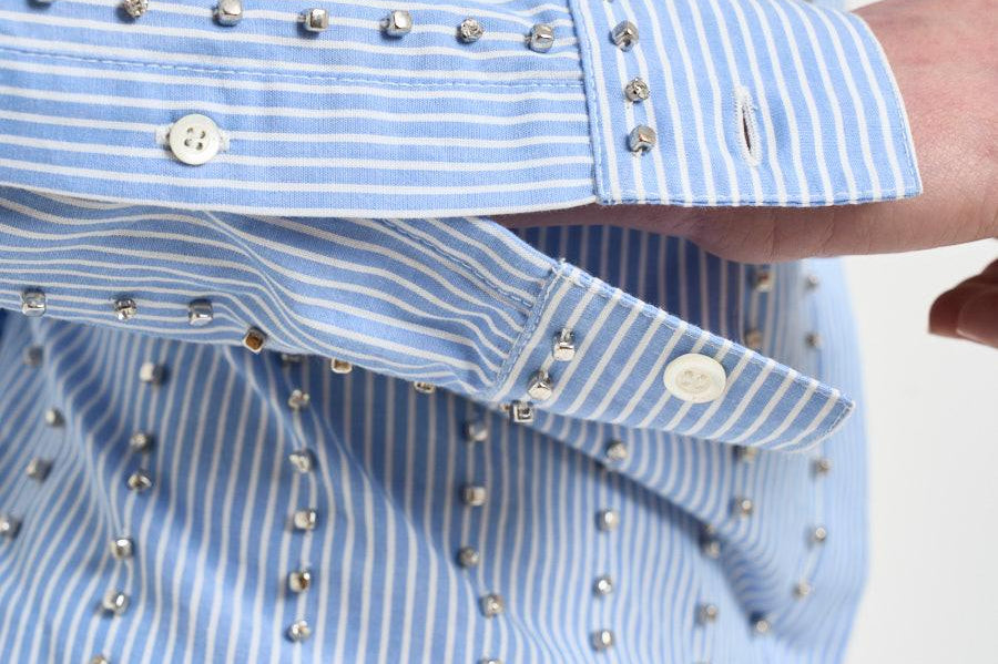 Camicia donna con strass azzurra 106225A32R CARLEYZE5 PINKO 